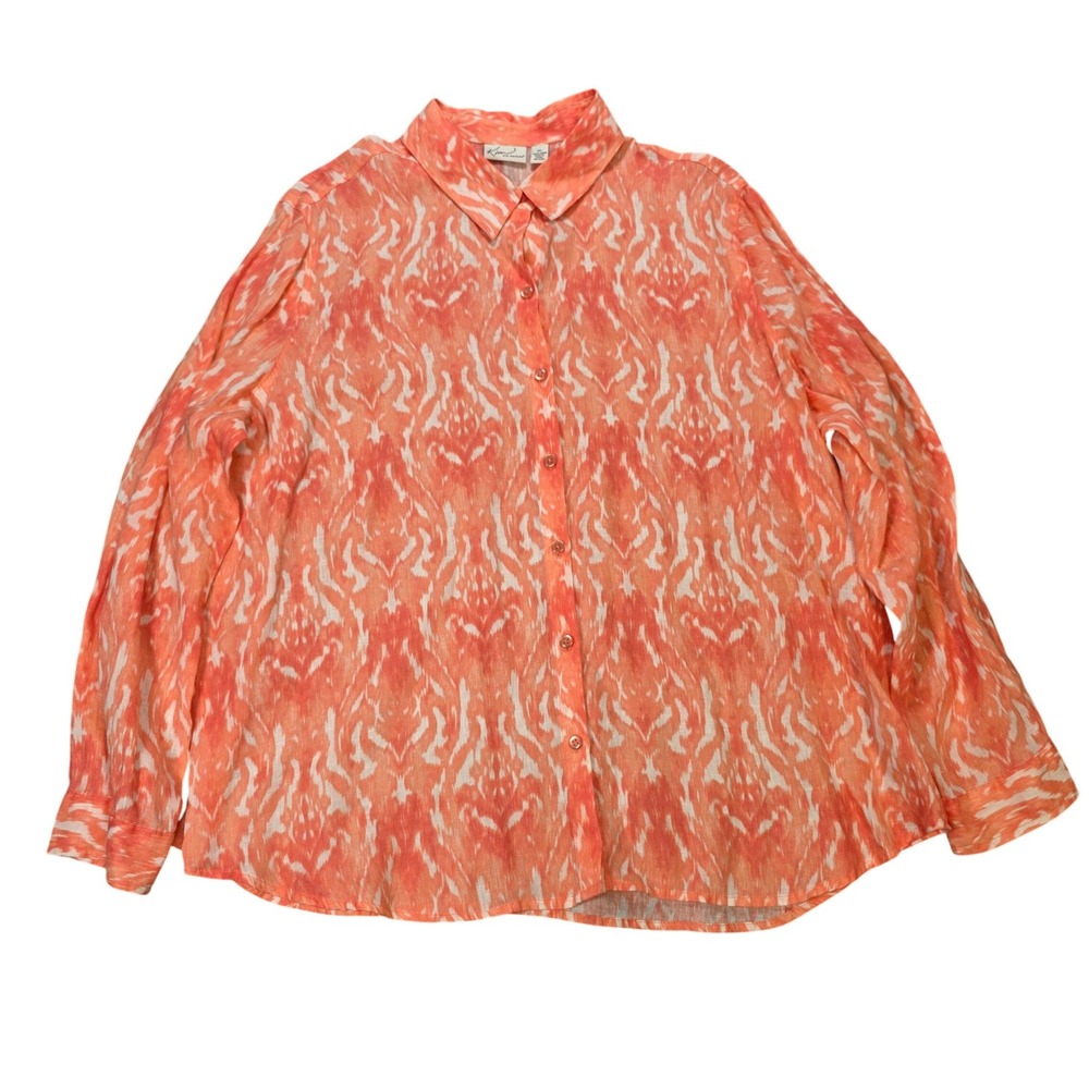 Kim Rogers Linen Button Front Blouse Women's XL Orange White Ikat Long Sleeve